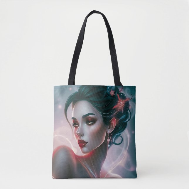Starry Glam Tote Bag: Elegant Woman Tygkasse (Framsida)