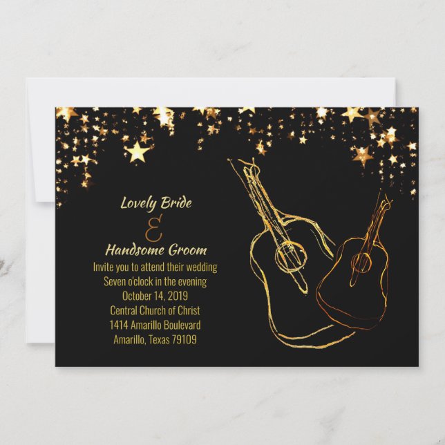 Starry Guitars Guld Black Music Wedding bjudande Inbjudningar (Framsida)