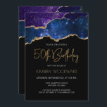 Starry Guld Agate Geode 50:e Födelsedagsfesten Inbjudningar<br><div class="desc">Det här trendiget, 50:e födelsedagsfest inbjudan, har en vattenfärgsbild av en agate-geod i blått och lila, sprinklad med dubbla stjärnor och trimmad med faux guld glitter högdagrar. Ord "50:e födelsedag" visas i faux guld glitter i dekorativt modernt handskriftsteckensnitt. Anpassa den med namn på hedersorden i guld art deco-teckensnitt och party-detaljer...</div>
