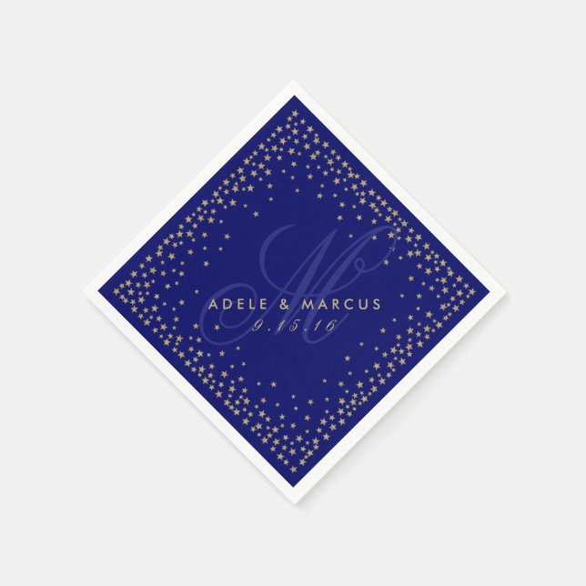 Starry Guld & Navy Blue Monogram Bröllop Napkins Pappersservett (Hörn)