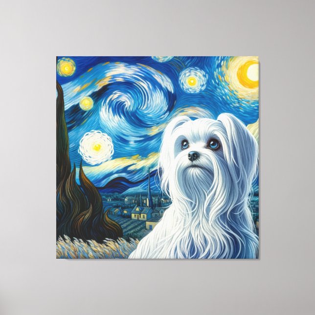 Starry Maltese Hund Porträtt - Pet Porträtt Canvastryck (Framsida)