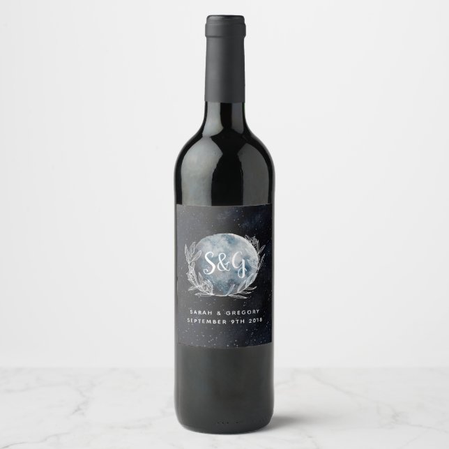 Starry Moonlit Night Monogram Bröllop Vin etikett (Framsida)