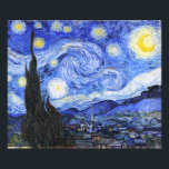 Starry Natt av Van Gogh Fototryck<br><div class="desc">I en oljemålning från den nederländske mästaren Vincent Van Gogh (1853-1890) målade Van Gogh troligen "Stjärnnatten" 1889 från minnet när han var i en asyl i Frankrike där han checkade in sig för depression. I målningen finns måne, Venus och många stjärnor omgivna av gult och vitt ljus.I grund finns en...</div>