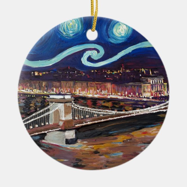 Starry natt i den Budapest Ungern med parlamentet Julgransprydnad Keramik (Framsidan)