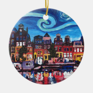 Starry natt över den Amsterdam kanalen Julgransprydnad Keramik
