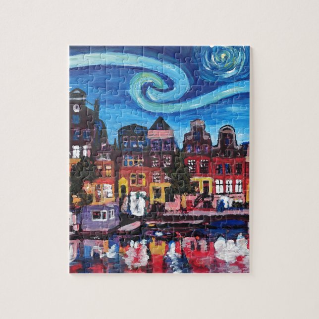 Starry natt över den Amsterdam kanalen Pussel (Vertikal)