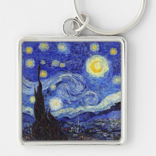 Starry natt Van Gogh inspirerade högvärdiga Fyrkantig Silverfärgad Nyckelring