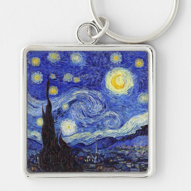 Starry natt Van Gogh inspirerade högvärdiga Fyrkantig Silverfärgad Nyckelring (Framsidan)