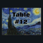 Starry Natt Vincent van Gogh målning Bordsnummer<br><div class="desc">Den här vackra konsdesignen på bran visar den nederländske efterbildaren Vincent van Goghs berömd målning, "Stjärnighet." Under sin vistelse på Saint Remy-asyl på 1880-talet skildrade van Gogh den rullande backe och cypress träd han såg från sitt fönster. Han lade också till byn, som han inte kunde se från sitt fönster,...</div>