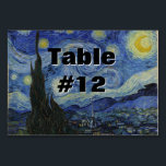 Starry Natt Vincent van Gogh målning Bordsnummer<br><div class="desc">Den här vackra konsdesignen på bran visar den nederländske efterbildaren Vincent van Goghs berömd målning, "Stjärnighet." Under sin vistelse på Saint Remy-asyl på 1880-talet skildrade van Gogh den rullande backe och cypress träd han såg från sitt fönster. Han lade också till byn, som han inte kunde se från sitt fönster,...</div>