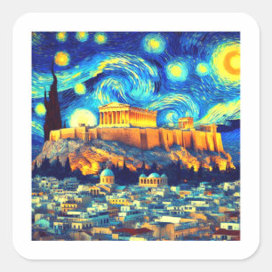 Starry Night Acropolis Aten Grekland Fyrkantigt Klistermärke
