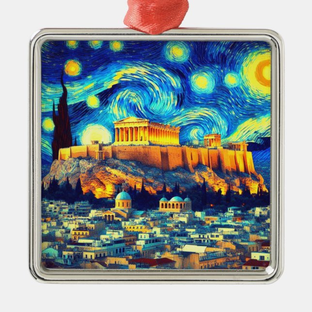 Starry Night Acropolis Aten Grekland Julgransprydnad Metall (Framsidan)