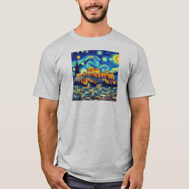Starry Night Acropolis Aten Grekland T Shirt (Framsida)