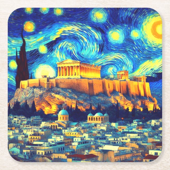 Starry Night Acropolis Aten Grekland Underlägg Papper Kvadrat (Framsidan)