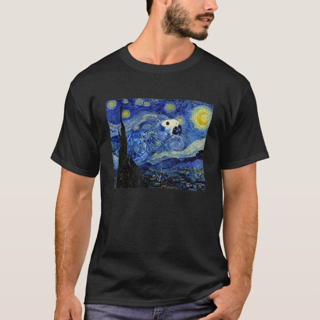 Starry Night African Grått Parrot Van Gogh Art Bir T Shirt (Framsida)