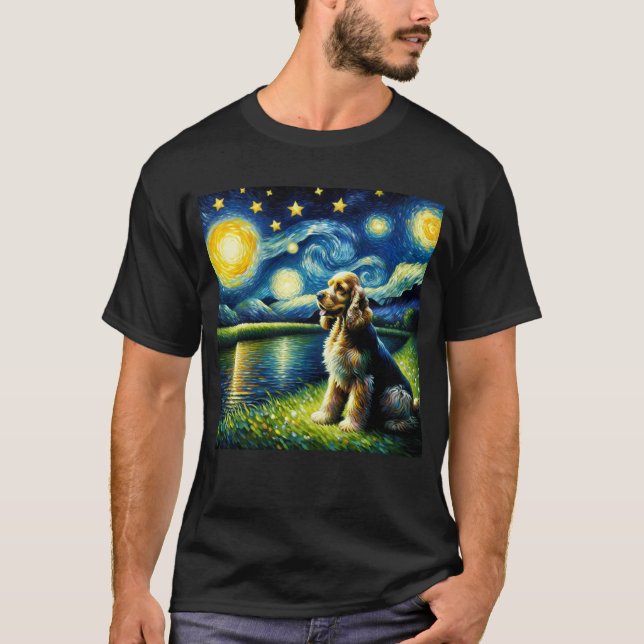 Starry Night American Cocker Spain Hund Van Gogh T Shirt (Framsida)