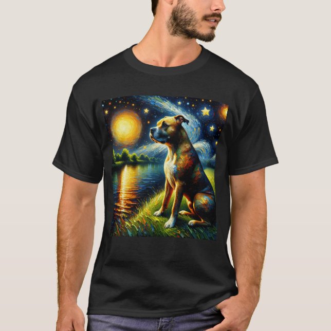 Starry Night American Stviddshire Terrier Hund T Shirt (Framsida)