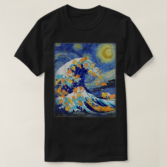 Starry Night and Great Wave Cat, Cat Lover, Cat Mo T Shirt (Design framsida)