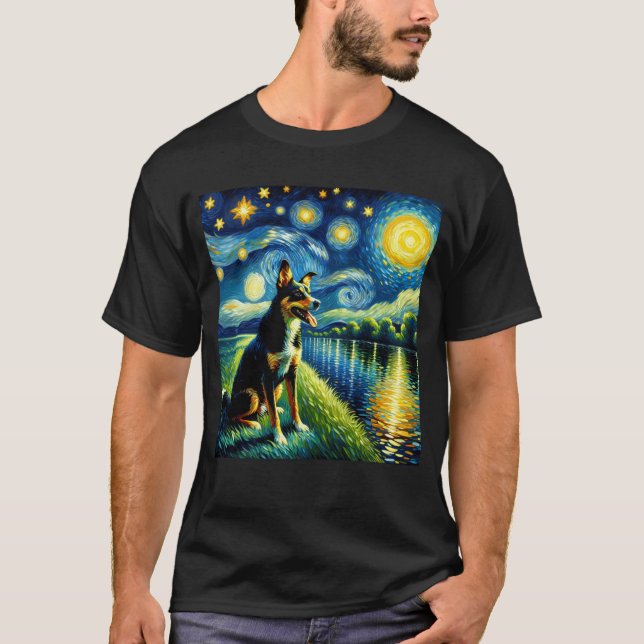 Starry Night Australian Kelpie Hund Van Gogh Älska T Shirt (Framsida)