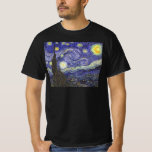 Starry Night av Vincent van Gogh T Shirt<br><div class="desc">Starry Night av Vincent van Gogh är en vintage bra konst post impressionism landcape cityscape tavla med en syn på Saint Remy, Frankrike från van Gogh's asyl. Natten himlar snurrar med moln med en ljusskygg måne och lysande stjärnor över den kantiga byn. Starry Night är förmodligen van Goghs mest berömd...</div>
