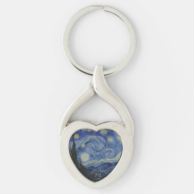 Starry Night av Vincent Van Gogh Twisted Heart Silverfärgad Nyckelring (Framsidan)