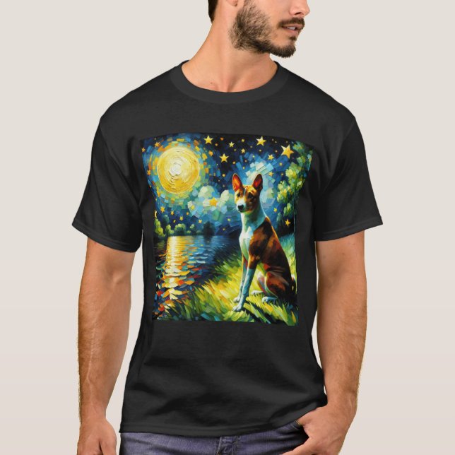 Starry Night Basenji Hund Van Gogh Älskare T Shirt (Framsida)