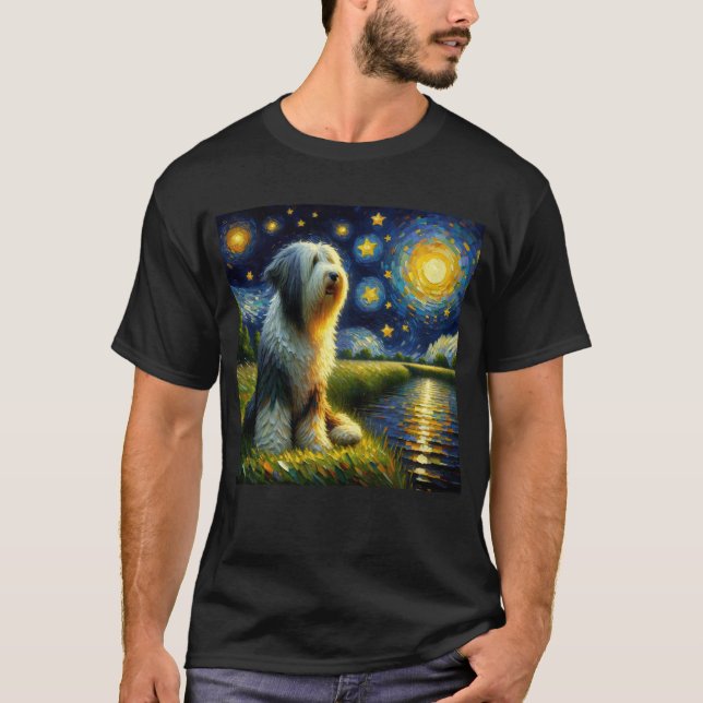 Starry Night Bearded Collie Hund Van Gogh Älskare T Shirt (Framsida)