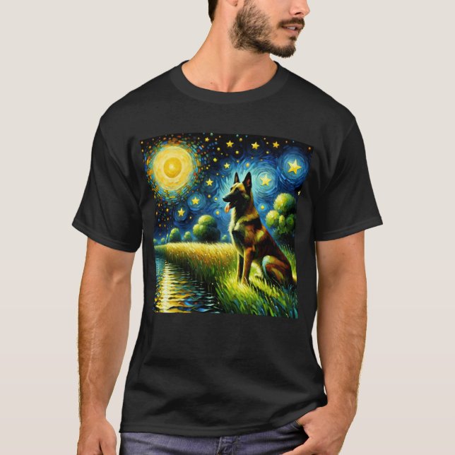 Starry Night Belgium Malinois Hund Van Gogh Älskar T Shirt (Framsida)