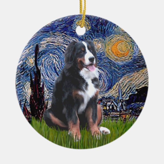 Starry Night - Bernese Mountain Hund (L) Julgransprydnad Keramik (Framsidan)