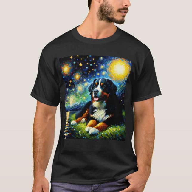 Starry Night Bernese Mountain Hund Van Gogh Älskar T Shirt (Framsida)
