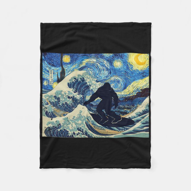 Starry Night Bigfoot Surfing Great Wave Off Kanaga Fleecefilt (Framsidan)