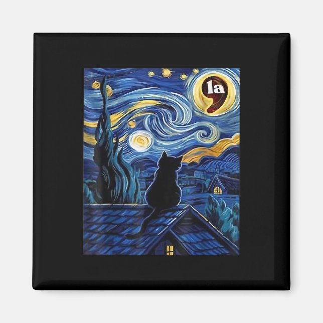 Starry Night Black Cat Comma La Kamala Harris Magnet (Framsidan)