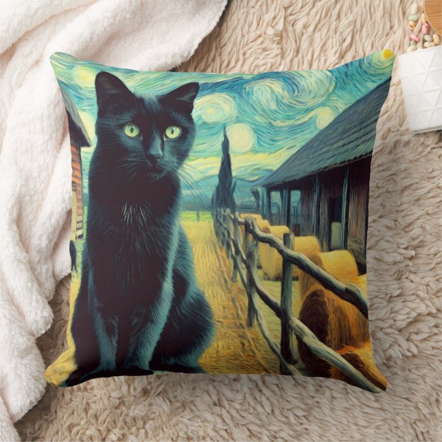 Starry Night Black Cat Green Eyes Kudde (Filt)