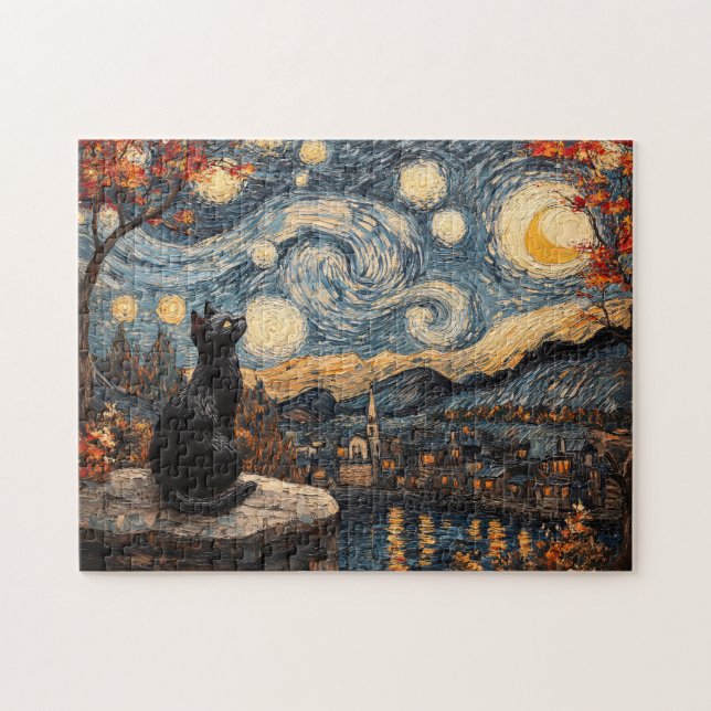 Starry Night Black Cat Pussel (Horisontell)