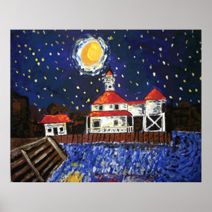 Starry Night Black Lighthouse Poster