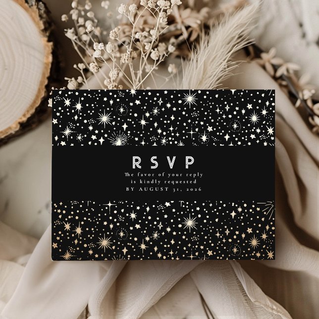 Starry Night Black och Guld Bröllop OSA Vykort (RSVP celestial night sky black postcard)