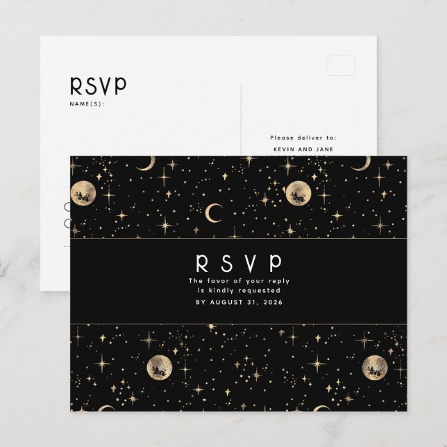 Starry Night Black och Guld Bröllop OSA Vykort (Fram/baksida)