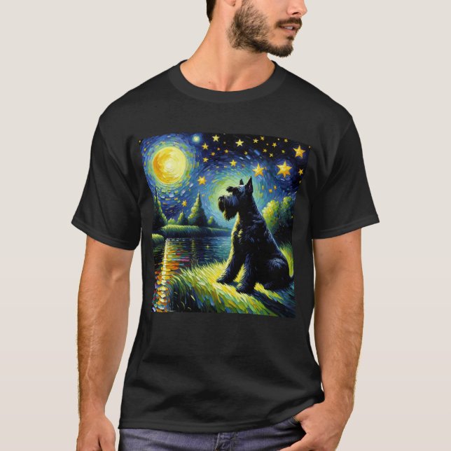 Starry Night Black Russian Terrier Hund Van Gogh T Shirt (Framsida)