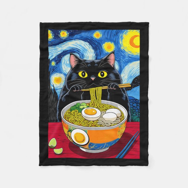 Starry Night Black Tjock Cat Ramen Funny Black Tjo Fleecefilt (Framsidan)