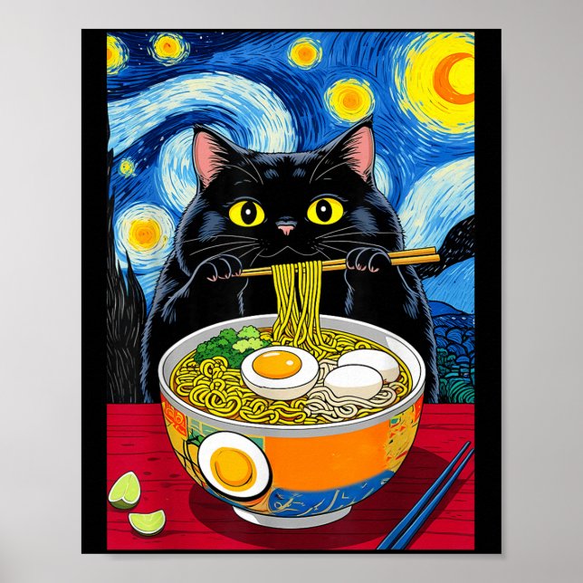 Starry Night Black Tjock Cat Ramen Funny Black Tjo Poster (Framsidan)