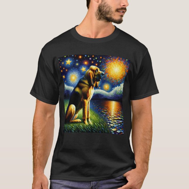 Starry Night Bloodhound Hund Van Gogh Älskare T Shirt (Framsida)