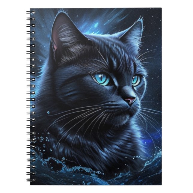 Starry Night Blue Black Cat Stänk Art Anteckningsbok (Framsidan)