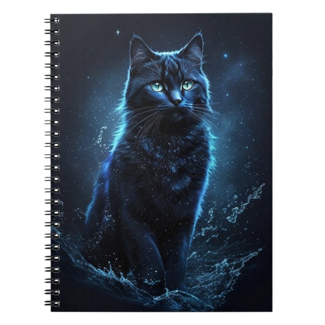 Starry Night Blue Black Cat Stänk Art Anteckningsbok (Framsidan)