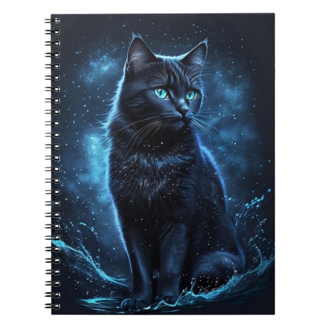 Starry Night Blue Black Cat Stänk Art Anteckningsbok (Framsidan)
