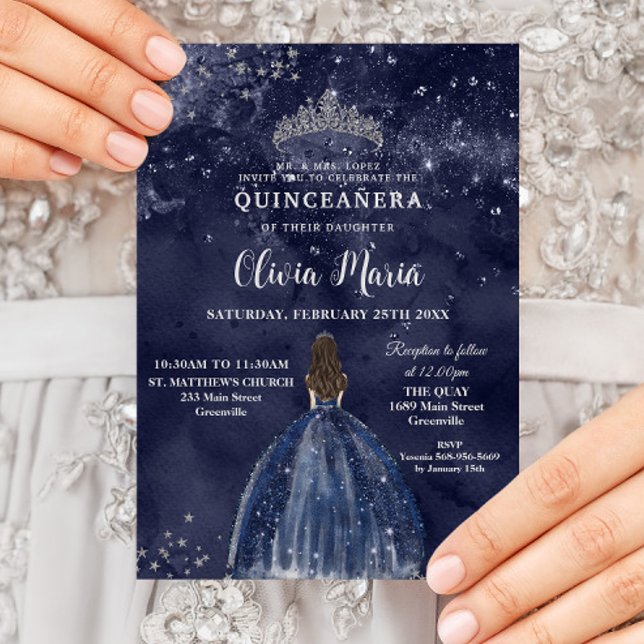 Starry Night Blue Dress Silver Quinceañera Inbjudningar (Skapare uppladdad)