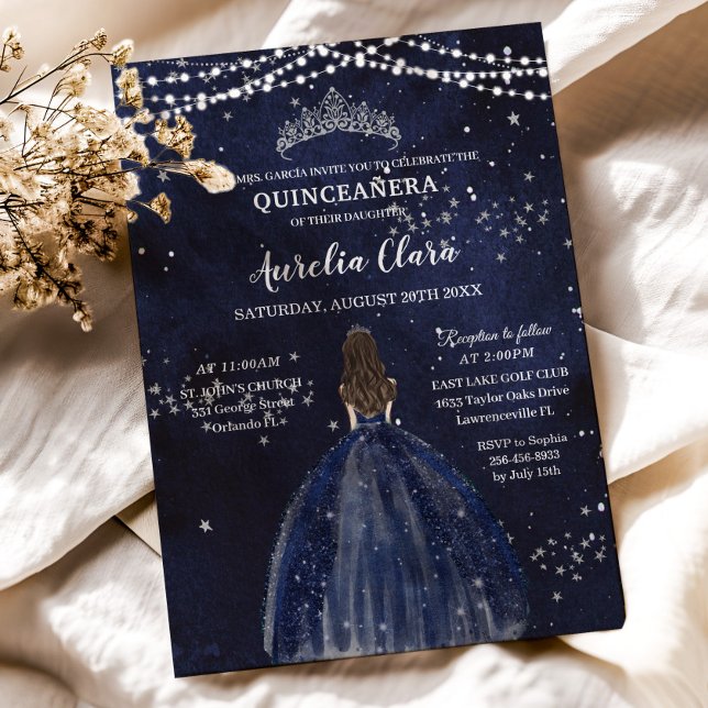 Starry Night Blue Dress Silver Quinceañera Inbjudningar (Skapare uppladdad)