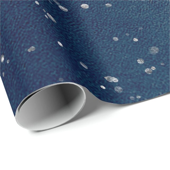 Starry Night Blue Navy Dots Grått Silver Confetti Presentpapper (Rullad Hörn)