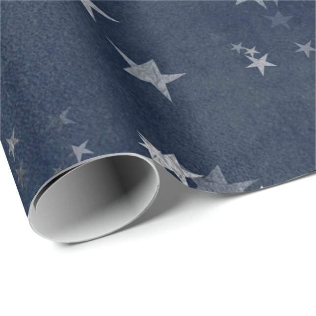 Starry Night Blue Navy Stars Grått Silver Confetti Presentpapper (Rullad Hörn)