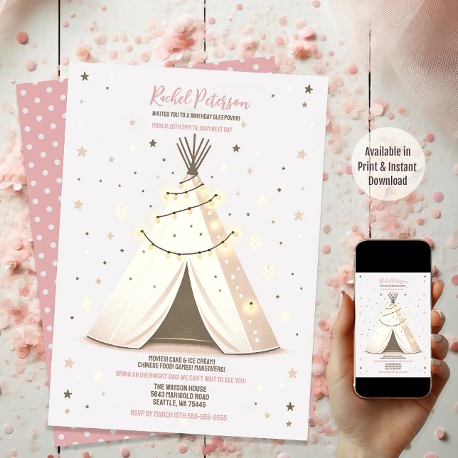 Starry Night Boho Chic Teepee Sleepover Party Inbjudningar (Available in both Print and Instant Download)