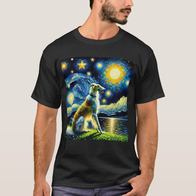 Starry Night Borzoi Hund Van Gogh Älskare T Shirt (Framsida)